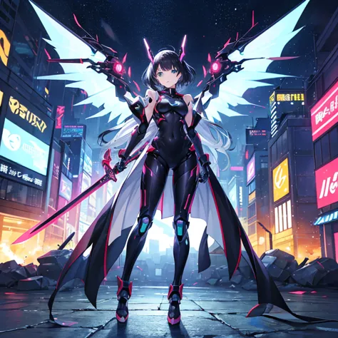 solo1.8、Stylish anime-style illustrations、flight、 grown up、a cool and cute woman with a super electromagnetic cannon motif、Slightly Sexy Purple, Black, and White Sci-fi Battle Bodysuit and Light Armor、 emerald green aggressive eyes 、Equipped with an energy...