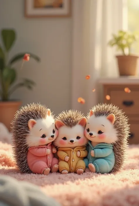 
3 hedgehogs, cute faces, wearing pajamas,