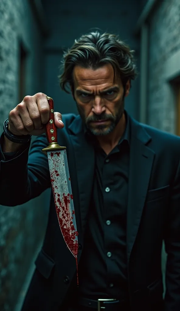 "A dramatic and intense scene featuring a man holding a blood-stained knife. The man has an aggressive expression, with sharp eyes and a tense posture. The background is dark and shadowy, creating a suspenseful and cinematic atmosphere. The lighting is moo...