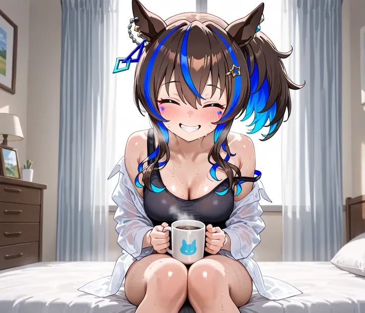 (masterpiece, best quality), amazing quality, very aesthetic, absurdres, highres, newest, HDR, 8K, rating: safe, cowboy shot, from front, sitting bedroom, knees together feet apart, holding one mug with both hands, mugs with steam, closed eyes, embarrassed...