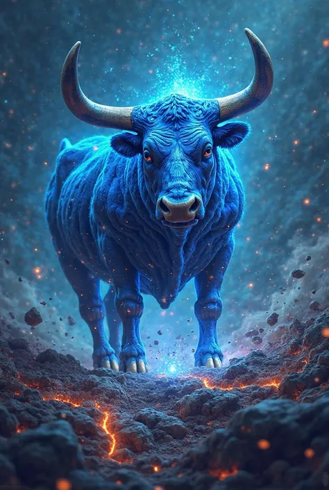 Electrifying blue Bitcoin emerging from a crack in the ground with a hyper realistic bull accompanied by trading charts everywhere