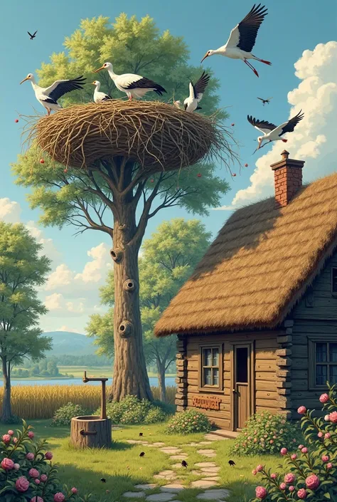 A nostalgic countryside scene featuring a traditional Ukrainian house with a thatched roof, surrounded by lush greenery and a clear blue sky. A well with a wooden crank stands nearby. Above the house’s window, a swallow's nest is nestled under the eaves. I...