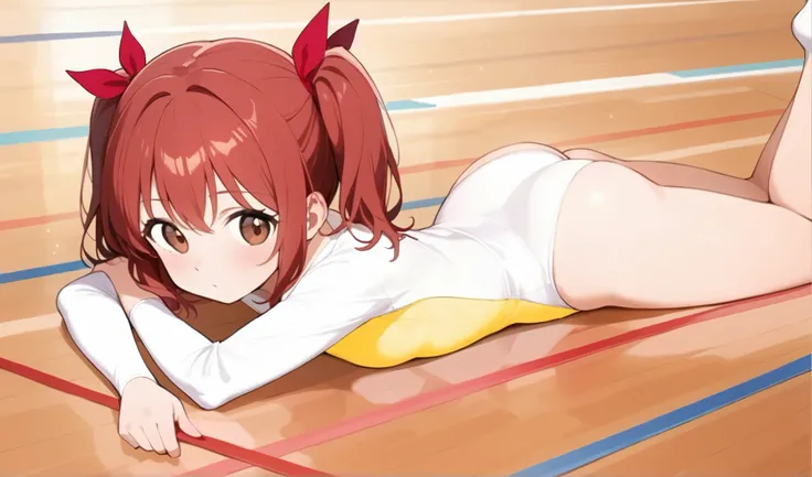 a young anime girl is laying her head on the ground in a yellow underwear, 1girl, gymnastics, on stomach, solo, leotard, athletic leotard, lying, white leotard, ass, twintails, wooden floor, brown eyes, red hair, looking at viewer, ribbon