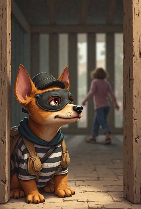 A little dog dressed as a thief in a kennel watching his mother leave 