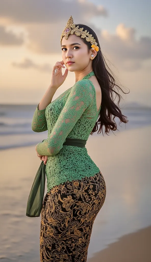 shot with Nikon D70, indonesian lady 18 years old, pale face, wear traditional crown, natural, no make up, detailed on face, visible breastline, wear green batik kebaya, wear dark green long scarf accessories, javanese kebaya, long sleeve, very tight, bust...