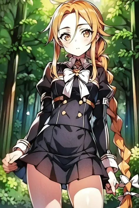 (masterpiece, best quality:1.2), (1girl, solo, alone:1.2), lolita, messy hair, hair between eyes, long hair, sidelocks, forehead, low ponytail braid, (((the one braid))), light orange eyes, light orange hair, military uniform, white neck bow, uniform colla...