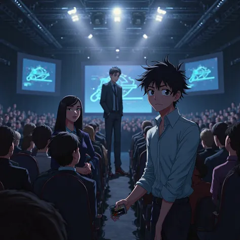 "A dramatic anime-style scene set in a grand, high-tech conference hall filled with an audience. In the center, a confident woman with long, sleek black hair and sharp eyes, wearing an elegant business suit, stands on stage beside a tall man with glasses a...