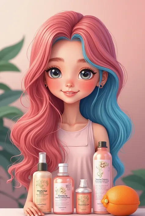 Designing a cartoon girl showing a girl who cares about her hair at home with MOON BIO natural products in Baby Pink and Baby Blue 
 Rajwa henna, Imtenan Sidr, Monita oil, ginseng shampoo and papaya conditioner