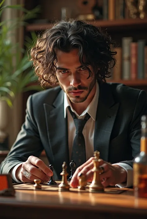 A handsome mafia prince with hot curly dark hair he's 20 years old, tattooed knuckles , he's playing chess with his father , office study, whiskey, bookshelf,plants, magic sunlight glow,gun and sword display 