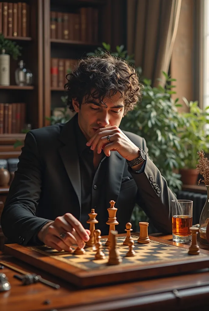 A handsome mafia prince with hot curly dark hair he's 20 years old, tattooed knuckles , he's playing chess with his father , office study, whiskey, bookshelf,plants, magic sunlight glow,gun and sword display 