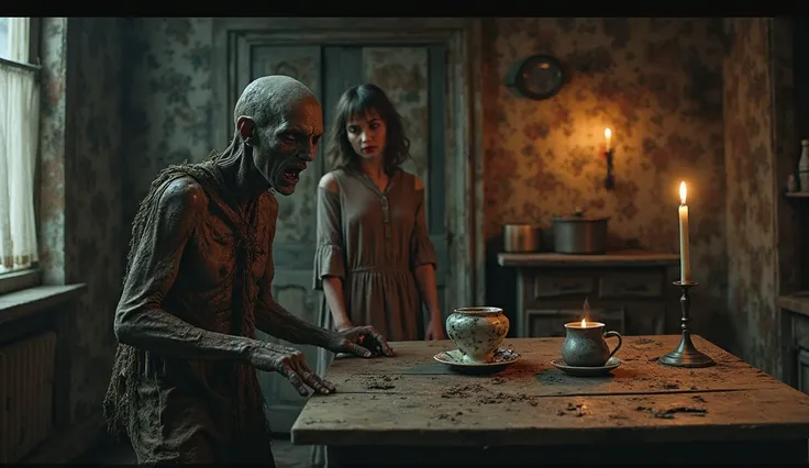 A dark, eerie scene inside a decaying rural kitchen, dimly lit by flickering candlelight. An old wooden table bears a spilled teacup of corrosive, steaming liquid that eats into the floorboards. In the foreground, a frail, emaciated man with sunken eyes an...