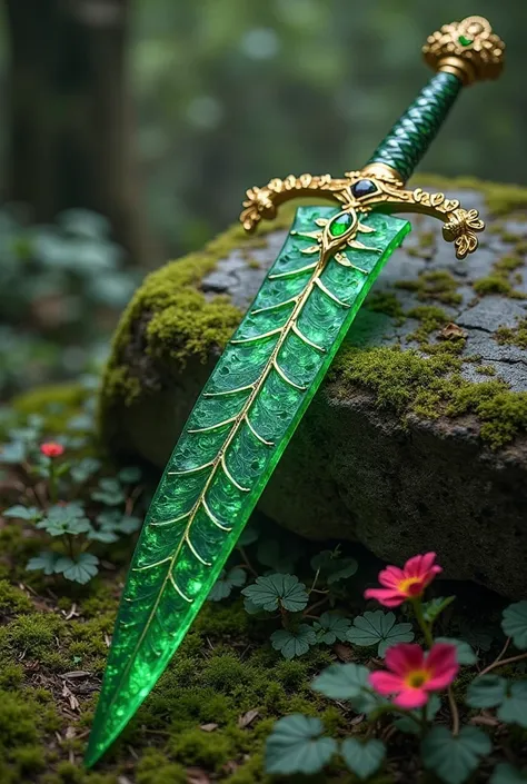 Leaf Of the Emerald Serpent

“A sword with a deep, translucent green curved blade, with golden veins that beat as if it were alive. The blade seems to be made of enchanted glass and exudes a soft emerald glow. Its handle is a golden vine that twists elegan...