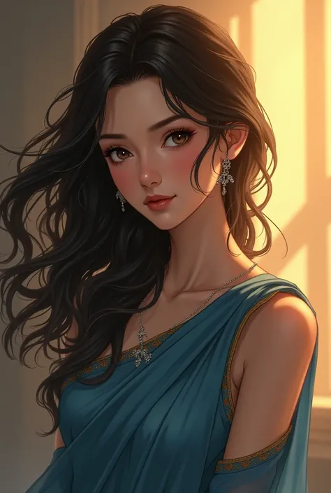 The woman has flowing, midnight-dark hair cascading in soft waves, her deep, expressive eyes shifting in color like a chameleon—sometimes an intense black, other times a warm, inviting brown. A small silver nose piercing glints subtly, adding to her enigma...