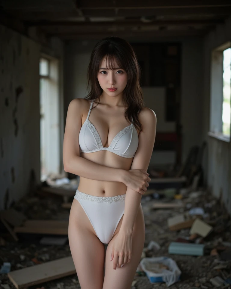 Japanese Female,Beauty、Sexy white cute bikini、Inside the dark, dirty and rubbish ruins、armpit is visible、beautiful white armpit、with arms crossed behind head,is ashamed、is opening his mouth、pain、Looks spicy、Full Body Image、