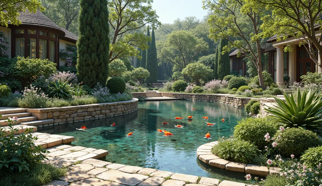 Ellison Estate luxury garden, manicured landscaping, exotic plants, stone pathways, koi pond, peaceful ambiance.