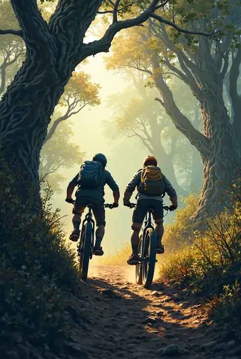 Two  brothers ride bike in black thorn mountain with trees
