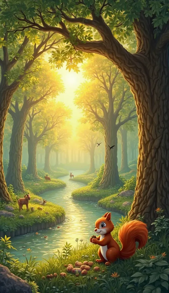 A lush green forest at sunrise, with golden sunlight filtering through tall trees. A small, sparkling river flows gently, reflecting the sky. Birds chirp on tree branches, and a few rabbits and deer roam in the background. In the foreground, a bright-eyed ...