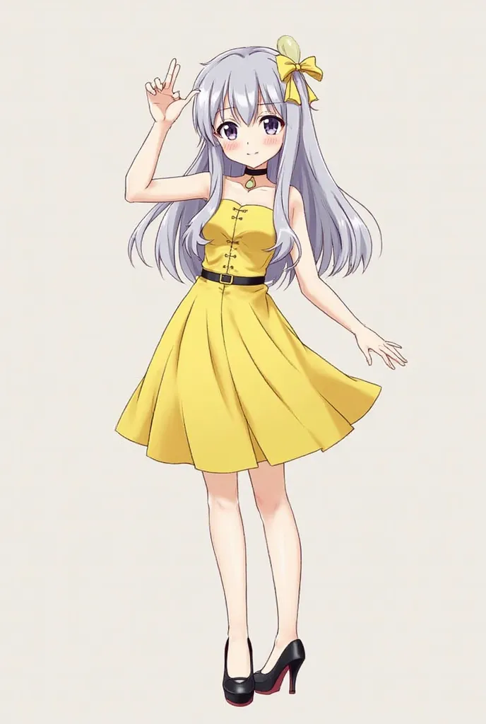 The character must be from the anime Tokyo Revengers. Her hair colour is grey and her eyes are grey. Her outfit has a yellow dress and her shoes have high heels. She is 162 cm tall. She is from the Tokyo Manji gang.