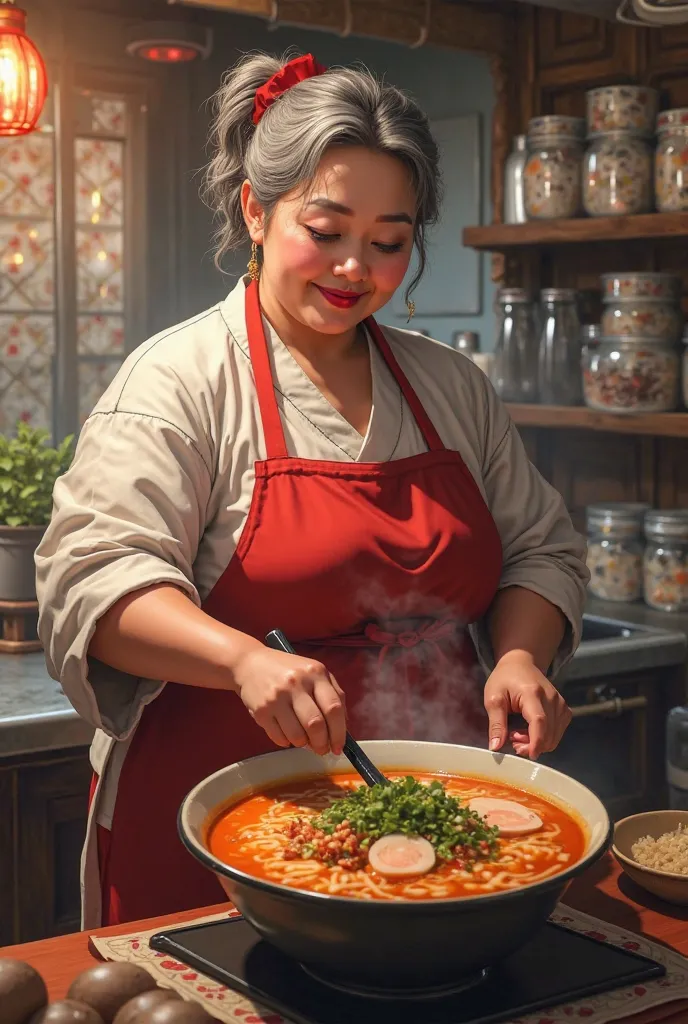  widow, Big Mom ,Japanese Ramen Shop,30 year old mature woman,araffe in a Japanese Ramen Shop uniform cooking a Ramen in a Ramen shop, Super realistic inspired by Li Tang, Trending on ArtStation,  amazing realism , cooking it up, Japanese goddesses,  , per...