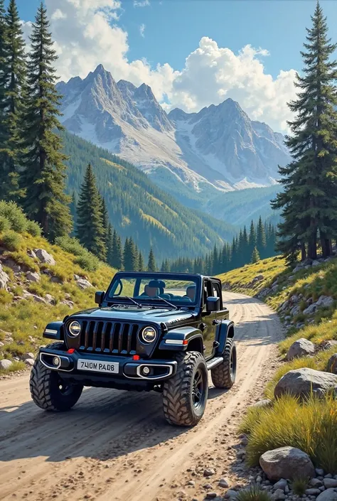 Handmade painting of black  thar car with  open air in  road and ,mountain, alpine trees ,off road, 