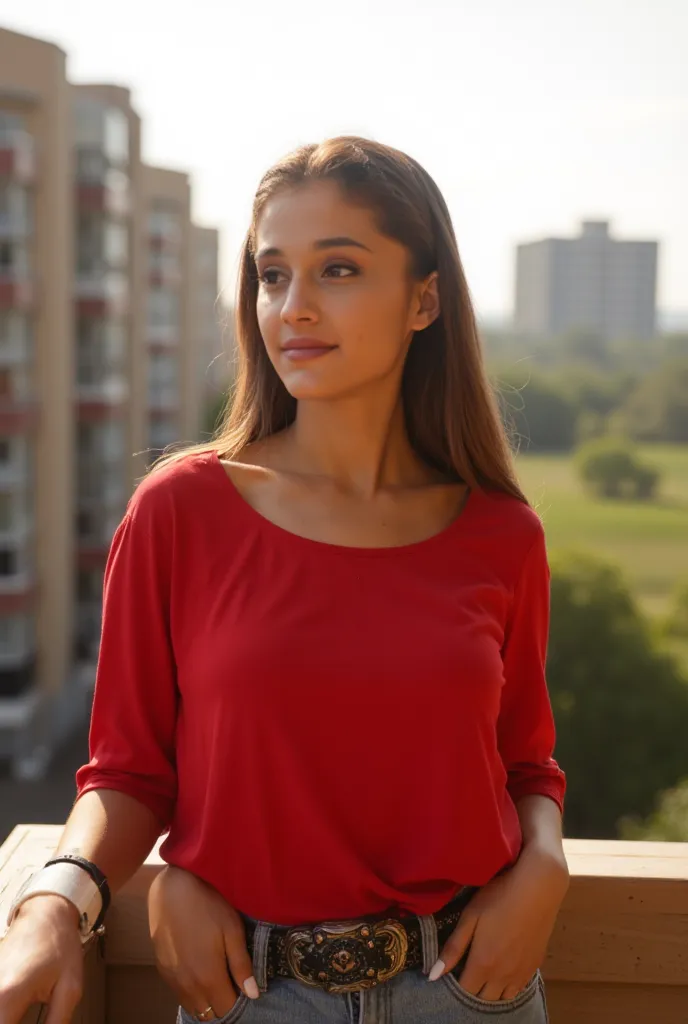 woman standing on the balcony. Hat ein rotes shirt an. In the background you can see the apartment blocks,  style photorealistic ,  sharp focus, very detailed, sunlight, Detail