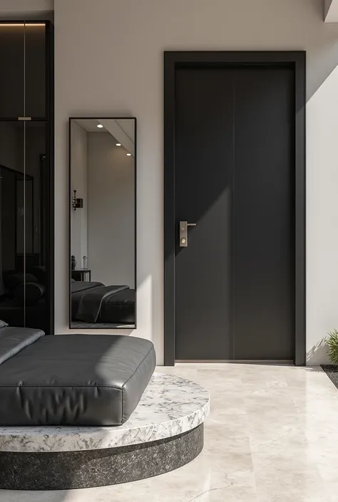 Architectural professional 3D rendering of the entrance design of a villa in a very modern and very minimal style with a large black door that opens into the interior of the villa building and with the door opening into the villa is located on the right si...