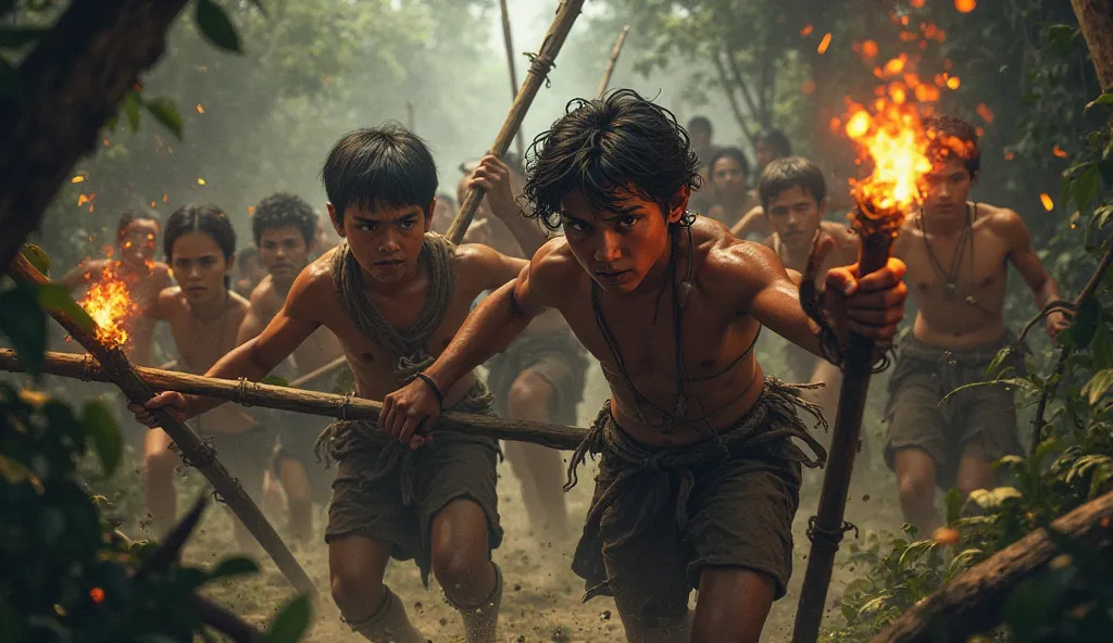 Make me poto a swarm of people people are hunting, there yng carry a spear, Someone carries a sword., Some also carry torches., facial features of Indonesians. 