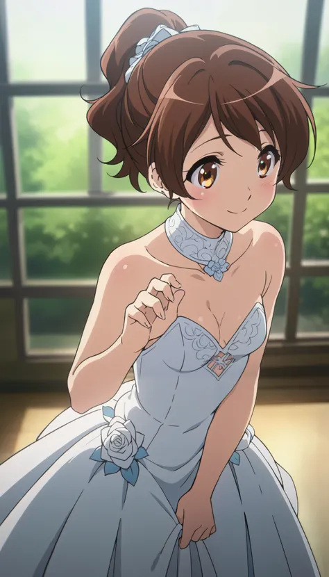 one girl, Alone, Oumae Kumiko, Ponytail, (cowboy shot), small breasts, cleavage, (wedding dress), (shy:1.1), (blush), (smile), (I'm fascinated:1.1), (incoming kiss:1.2), ( wedding venue from the window),  score_9,  score_8_superior,  score_7_superior,  sou...