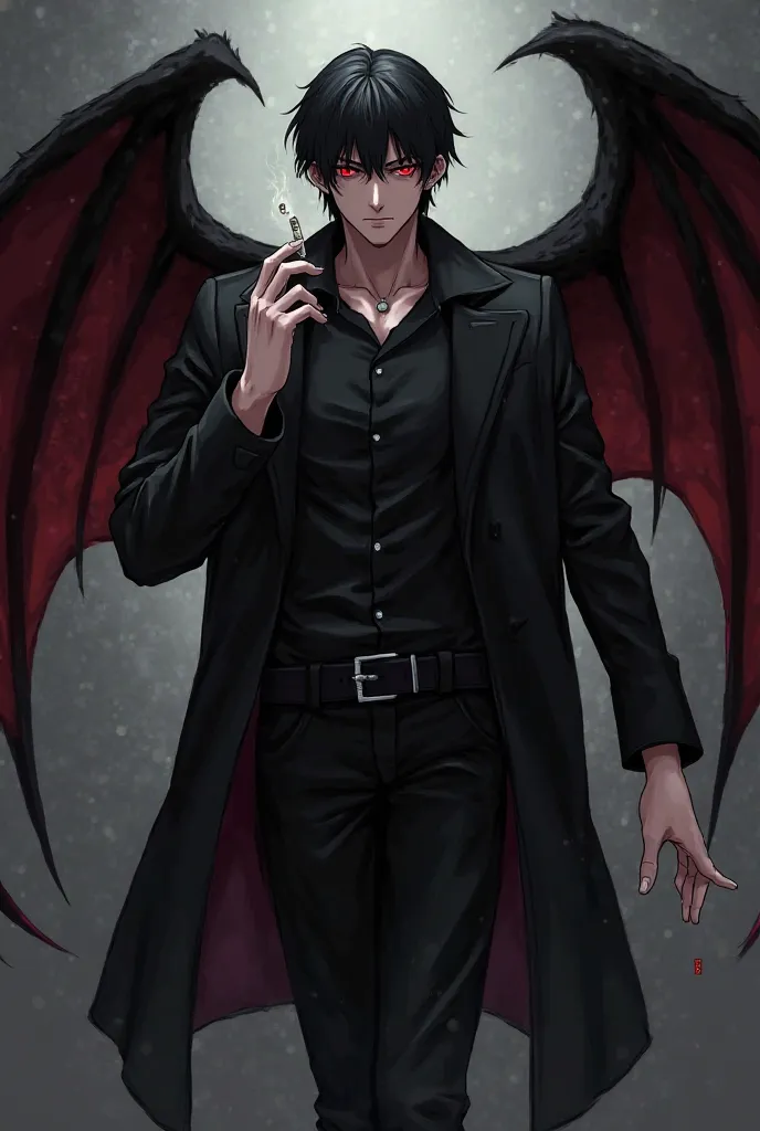 man, black hair,  red eyes, Devil Wings,  black coat, black shirt,  black pants, cigarette,  animation art 