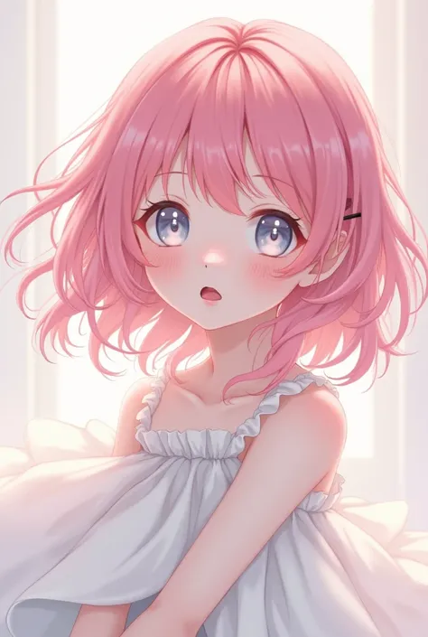 an anime girl with pink hair and white eyes wearing a white dress looking surprised