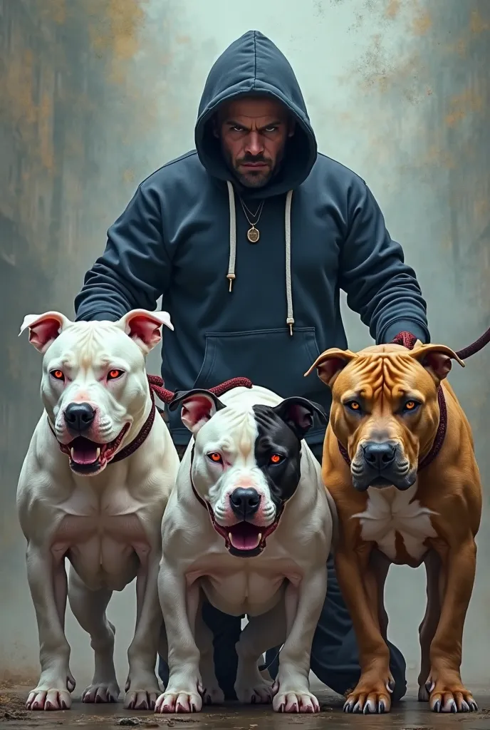 vectorized photo, 3 pitbull dogs with posture 1 white 1 white and black 1 yellowish, with red eyes, a shaved man, dressed in a gangster dark blue sweatshirt, hooded he holds the chain tied to the pitbulls