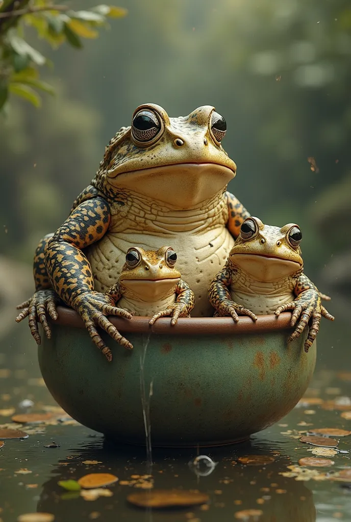 make a photo of 1 big toad and 3 small toads each small toad in 1 small bowl and all in 1 big bowl