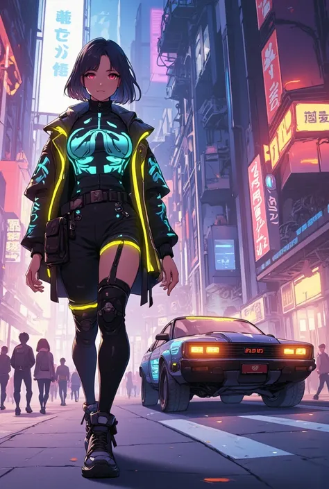 [((masterpiece))][anime-style][cyberpunk] with super high quality on par with live-action,night, anime idol[masterpiece, smile,diagonally forward right,modern clothes(emit light),well proportioned hands] walk on the sidewalk, futuristic suv car[masterpiece...