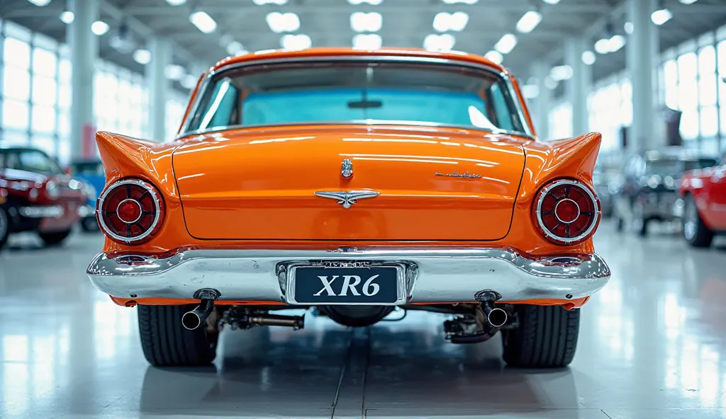 Back Center view of painted (Gleamy creamy  orange  ) shiny  (  Orange)clour  New ( 1960  Ford Folcon XR6 )sleek in large shape sedan in large size with (1960  Ford Folcon XR6  )        it's  large detailed grille in shiny blue clour with angular sporty de...