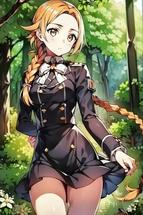 (masterpiece, best quality:1.2), (1girl, solo, alone:1.2), lolita, messy hair, hair between eyes, long hair, long sidelocks, forehead, low ponytail braid, (((the one braid))), light orange eyes, light orange hair, military uniform, white neck bow, uniform ...