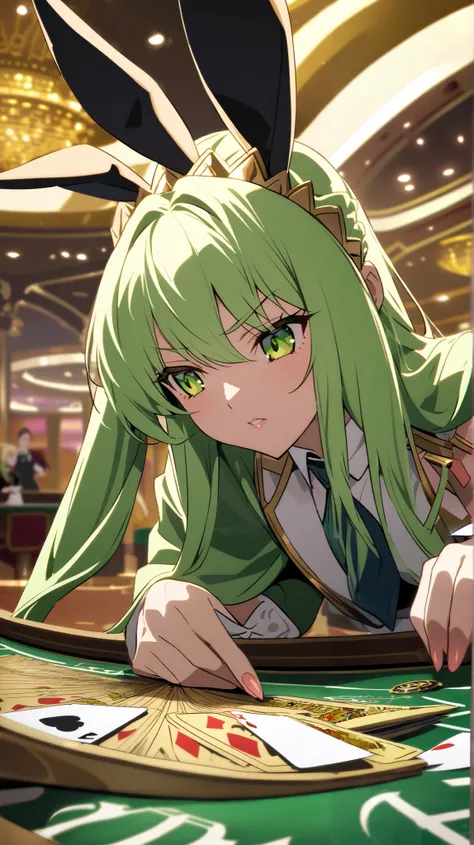 Altria,ruler, Gold,casino,dealer, holding playing cards,Tips,bunny girl,Bunny ears,sit,Facing forward,