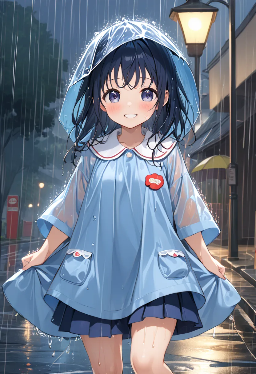 absurd, ５age, Kindergarten Mom Clothes, blue smock,  Dark Blue Skirts ,  cute, Heavy Rain, It's raining really hard, wet, Street lamp, Lively, fun,   best smile,  wet服を着て , Water-wet Smock, wet,  wet skirt,  wet skirt, 