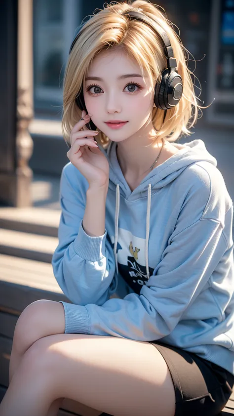 Create an image of a girl similar to Ishihara Satomi. Same face as Ishihara Satomi，blonde short hair，Pay attention to the mood around the eyes and mouth, smile，Express her appeal to the fullest，headphones， hoodie， focus on the neck