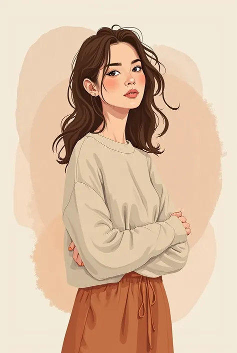 a minimalistic , digital illustration of a young woman in boho style with warm earth tones (Beige, braun, Terracotta, creme). She is wearing a loose linen sweater and has her hair gently raised, with a few loose strands,  that surround her face .  Her gaze...