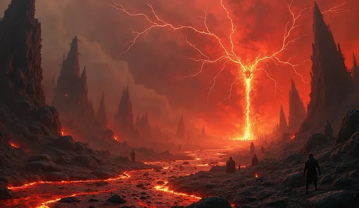 *" A terrifying vision of hell , a kingdom of despair and infinite pain. The setting is vast and hellish, with rivers of glowing lava cutting through the landscape of black rocks and pointed outcrops. The sky is a whirlwind of dense smoke and red lightning...