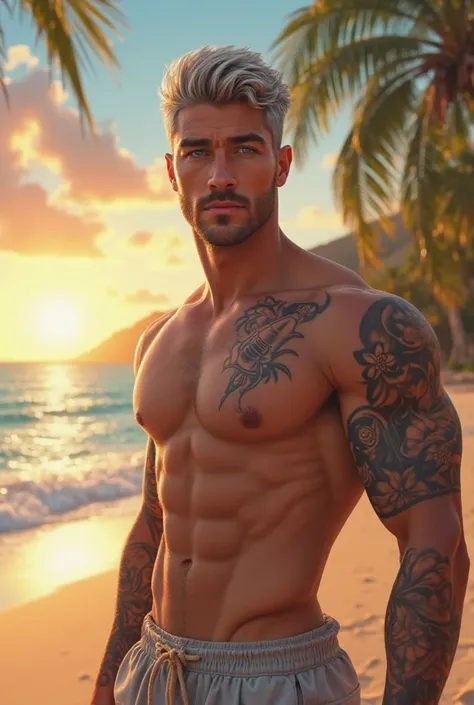 Italian Male  + Young ager + Beach, Palm Tree and sunset Background + Hunk + grey short Hair + Blue Eyes + Beach Outfit + with rocket tattoo + half body 