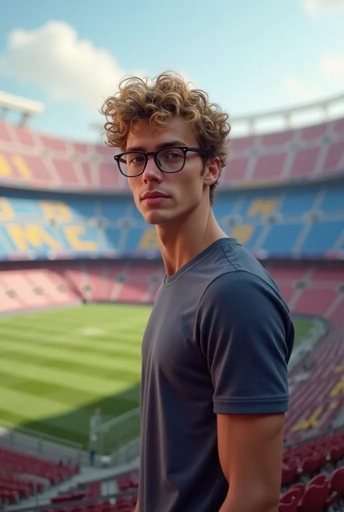 generate boyfriend 180 cm in glasses and curly dark blonde hair at Barcelona stadium in t-shirt full body 