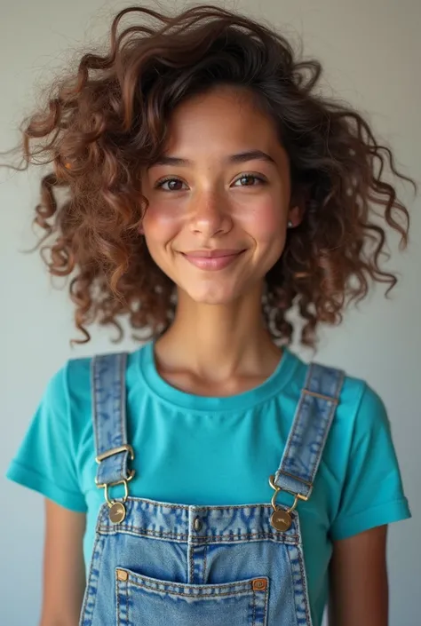 She is , 1,40m tall , Does curly brown hair, dark brown eyes and wears a blue turquoise T-shirt and dungarees.