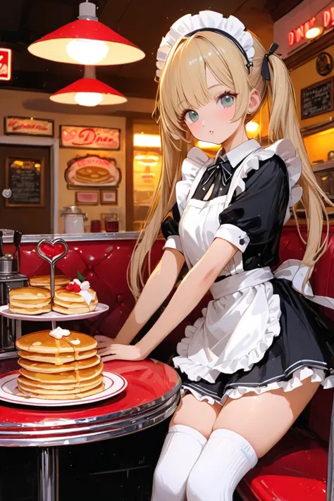 Black hair, twin tails, maid outfit, miniskirt, white knee-high socks, the background looks like a diner, pancakes on the table