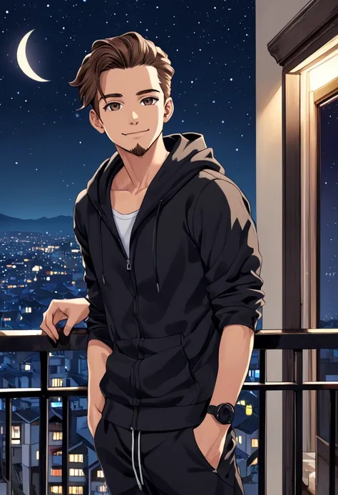 Fifteen years old age boy with handsome face brown hair,dark brown eyes and fair skin,slim muscular physique,facial hair french style,slick back hair style,wearing a black hoodie and black pants with black sneakers,smiling standing in a balcony at night ti...