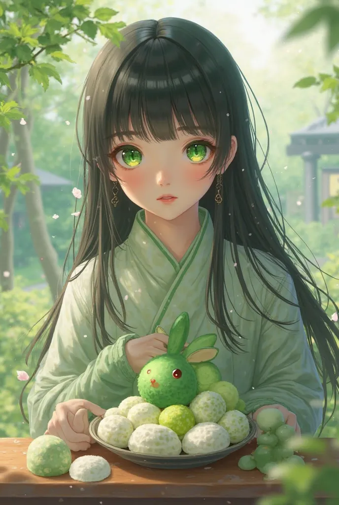 Anime girl black hair and green eyes, with green rabbit, dango