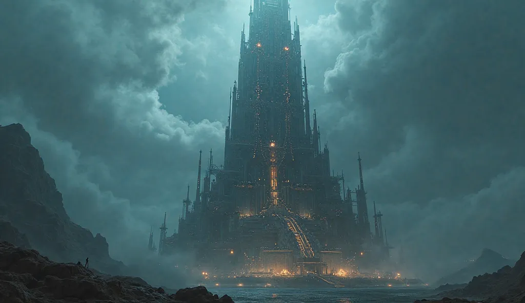 A modern tower of Babel made of circuits and cables, representing the new digital age and rebellion against God, cinematic, camera capture and ultra realistic, with spiritual features