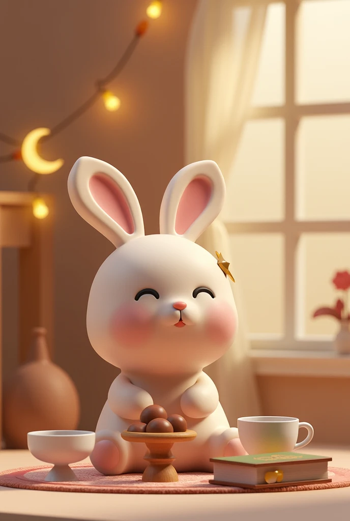 A chubby pastel beige bunny with big, sparkling violet eyes, long floppy ears, and a tiny golden star charm hanging from one ear. It is sitting at a miniature table with a tiny bowl of dates, a cup of warm milk, and a mini Quran beside it, getting ready fo...