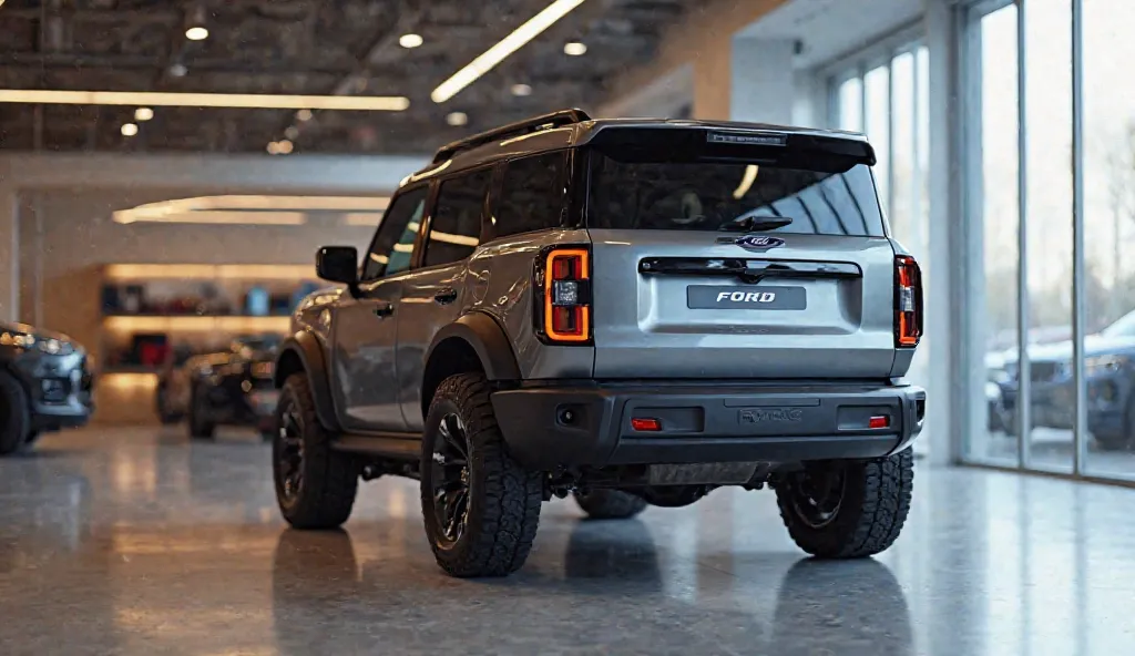 Black back view 2025 Ford Bronco in the showroom .The back plate reads 2025 Ford Bronco view 