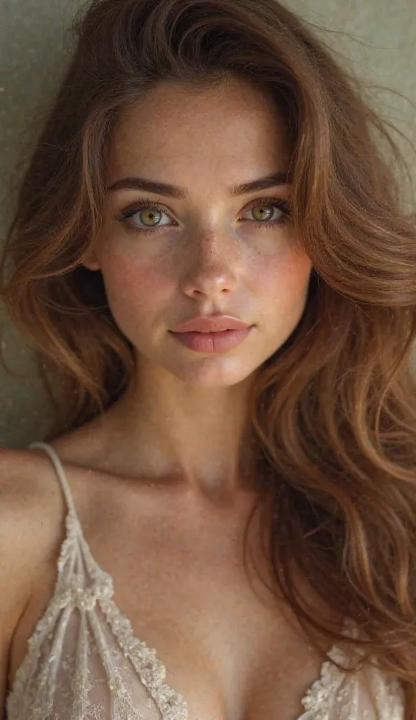 Beautiful woman with brown hair, big eyes, full face
